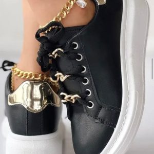 Casual Plain Lace-Up Flat Heel Slip On, Sneakers&Athletic, color:Black|size:43, catalog Noracora shop