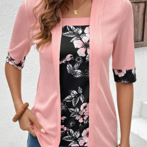 Women's Short Sleeve Blouse Summer Floral Square Neck Daily Going Out Casual Top, JustFashionNow Shirts, color:Pink|size:XXL,