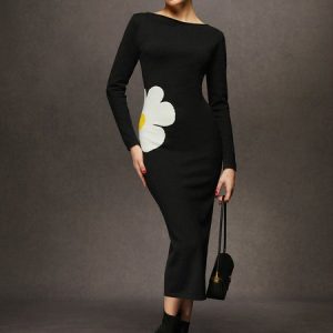 Elegant Floral Long Sleeve Slim Fit Midi Dress, Maxi Dresses, color:Black-white|size:XXL, Stylewe