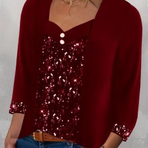 V Neck Long Sleeve Plain Regular Loose Blouse For Women, Blouses, color:Wine Red|size:5XL, catalog Noracora shop
