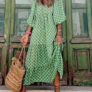 Women's Three Quarter Sleeve Summer Ethnic Dress Crew Neck Daily Going Out Casual Maxi A-Line Tank, JustFashionNow Dresses, color:Green|size:XXL,