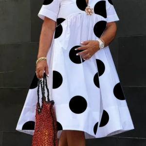 Plus Size Loose Others Urban Polka Dots Short Sleeve Midi Dress, Plus Dresses, color:White|size:4X, Stylewe