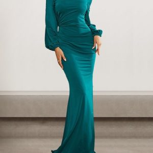 Women Plain Square Neck Long Sleeve Comfy Sexy Maxi Dress, Dresses, color:Green|size:XL, catalog Noracora shop