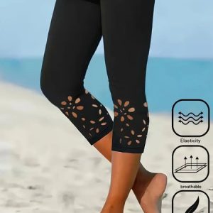 Casual Plain Hollow Out Capris Leggings, Leggings, color:Black|size:XXL, catalog Noracora shop