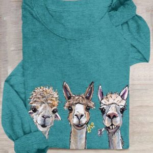 Alpaca Cotton-Blend Loose Casual T-Shirt, Long sleeves, Lilicloth.com