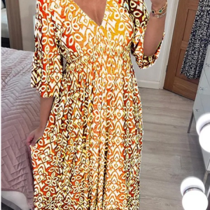 Women Ethnic V Neck Three Quarter Sleeve Comfy Casual Maxi Dress, Dresses, color:Yellow|size:5XL, catalog Noracora shop