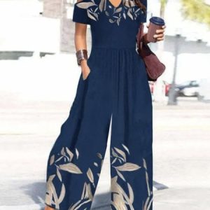 Women Short Sleeve V Neck Loose Ankle Pants Daily Casual Floral Natural Jumpsuit, Jumpsuits&Rompers, color:Blue|size:XXL, catalog Noracora shop