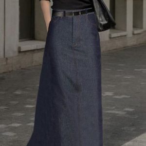 Urban Plain Regular Fit Faux Denim Maxi Skirt, Denim Skirts, color:Denim Blue|size:XXL, Stylewe
