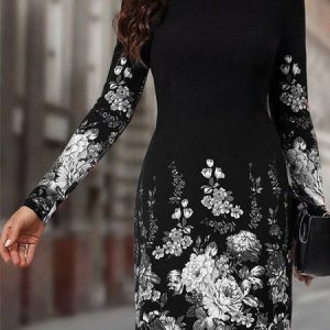 Women Floral Crew Neck Long Sleeve Comfy Casual Midi Dress, Dresses, color:Color4|size:3XL, catalog Noracora shop