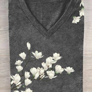 Casual Floral V Neck Short Sleeve T-shirt, T-shirts, color:Deep Gray|size:3XL, catalog Noracora shop