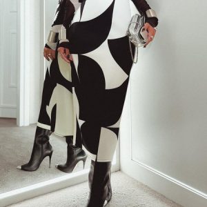 Abstract Graphic Urban Regular Fit Printing Midi Skirt, Skirts, color:Black-white|size:XXL, Stylewe
