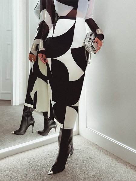 Abstract Graphic Urban Regular Fit Printing Midi Skirt, Skirts, color:Black-white|size:XXL, Stylewe