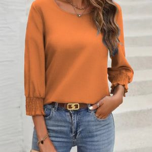 Crew Neck Long Sleeve Plain Regular Micro-Elasticity Loose Mock Two-Piece Blouse For Women, Blouses, color:Orange|size:3XL, catalog Noracora shop