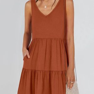Women Plain V Neck Sleeveless Comfy Casual Midi Dress, Short, color:Caramel|size:XXL, catalog Noracora shop