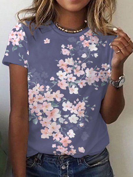 Women's Long Sleeve Tee T-shirt Spring/Fall Floral Cotton V Neck Daily Going Out Casual Top Gray, JustFashionNow T-Shirts, color:Gray|size:XXL,