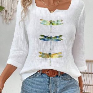 Notched Three Quarter Sleeve Dragonfly Regular Loose Shirt For Women, Blouses, color:White|size:XXL, catalog Noracora shop
