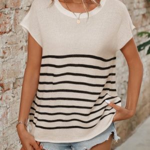 Crew Neck Short Sleeve Striped Regular Micro-Elasticity Loose Shirt For Women, Blouses, color:Apricot|size:XL, catalog Noracora shop