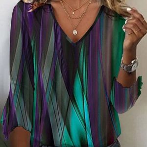V Neck Ruffle Sleeve Three Quarter Sleeve Color Block Regular Micro-Elasticity Loose Blouse For Women, Blouses, color:Dark Blue|size:XXL, catalog Noracora shop