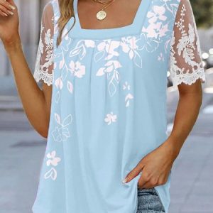 Casual Floral Square Neck Short Sleeve T-shirt, T-shirts, color:Blue|size:5XL, catalog Noracora shop