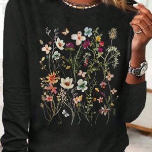 Casual Floral Crew Neck Long Sleeve T-shirt, T-shirts, color:Black|size:XXL, catalog Noracora shop