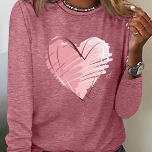 Women's Long Sleeve Tee T-shirt Spring/Fall Heart/Cordate Cotton-Blend Crew Neck Daily Going Out Casual Top White, JustFashionNow Long sleeve tops, color:Pink|size:XXL,