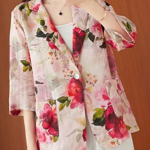 Lapel Collar Three Quarter Sleeve Floral Regular Loose Blouse For Women, Cardigans, color:Pink|size:XXL, catalog Noracora shop