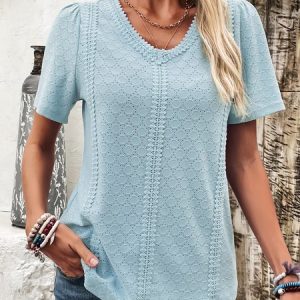 V Neck Short Sleeve Plain Lace Regular Micro-Elasticity Loose Shirt For Women, Blouses, color:Blue|size:XXL, catalog Noracora shop