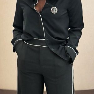 Urban Regular Fit Shirt Collar Regular Sleeve Shirt With Brooch, Blouses and Shirts, color:Black|size:XXL, Stylewe