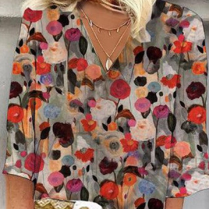 V Neck Half Sleeve Floral Regular Micro-Elasticity Loose Blouse For Women, Blouses, color:Orange|size:XXL, catalog Noracora shop
