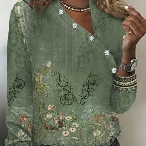 Women's Ethnic Floral Long Sleeve Tee T-shirt Asymmetrical Buttoned Casual Spring/Fall Top, JustFashionNow T-Shirts, color:Green|size:XXL,