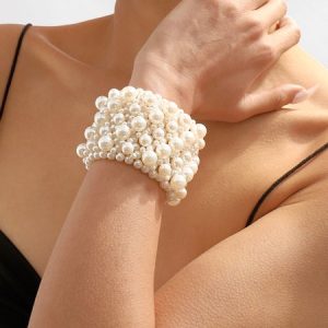 Elegant Faux Pearl Beaded Wide Bracelet, Bracelets, color:As Picture|size:One-size, Stylewe
