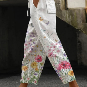 Casual Floral Long Drawstring Pant, Pants, color:White|size:XXL, catalog Noracora shop