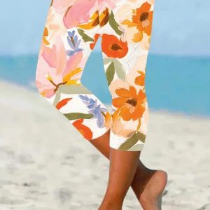 Women's Casual Floral Summer Capris Leggings, JustFashionNow Leggings, color:White|size:XXL,