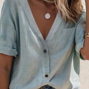 Shirt Collar Short Sleeve Plain Open Front Regular Loose Blouse For Women, Blouses, color:Gray|size:XXL, catalog Noracora shop