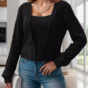 Long Sleeve Plain Regular Loose Mock Two-Piece Blouse For Women, Blouses, color:Black|size:XXL, catalog Noracora shop