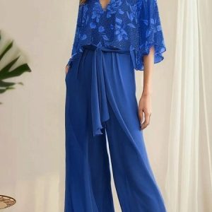 Women's Lace-up Floral Holiday Chiffon Going Out Two-Piece Set Casual Summer Top With Pants Matching Set, JustFashionNow Suit Set, color:Navyblue|size:XXL,