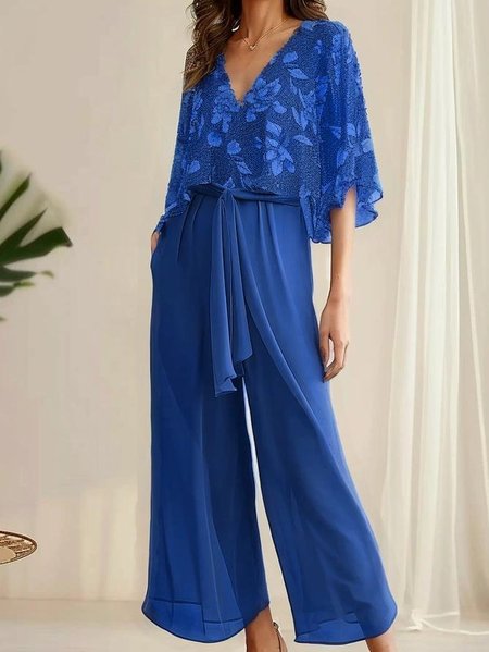 Women's Lace-up Floral Holiday Chiffon Going Out Two-Piece Set Casual Summer Top With Pants Matching Set, JustFashionNow Suit Set, color:Navyblue|size:XXL,