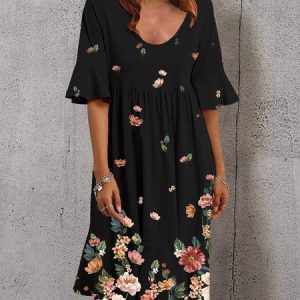 A-Line Crew Neck Elegant Frill Sleeve Dress, Midi, color:Black|size:3XL, catalog Noracora shop