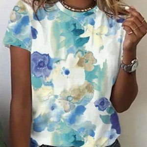 Crew Neck Floral Short Sleeve Casual T-Shirt, T-shirts, Lilicloth.com