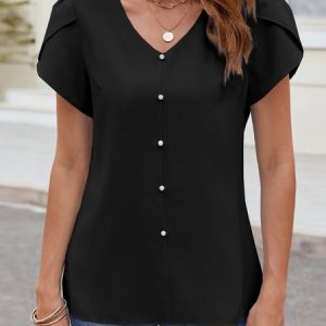 V Neck Short Sleeve Plain Buckle Regular Loose Blouse For Women, Blouses, color:Black|size:XXL, catalog Noracora shop
