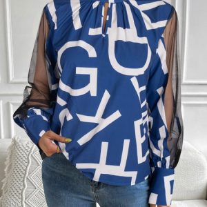 Stand Collar Long Sleeve Abstract Lace Regular Regular Fit Blouse For Women, Blouses, color:Blue|size:XL, catalog Noracora shop