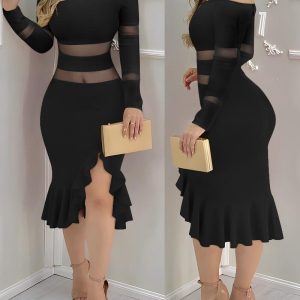 Sheer Mesh Patch Ruffles Bodycon Dress, women Bodycon Dresses, ChicMe catalog