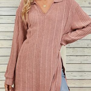 V Neck Long Sleeve Plain Regular Micro-Elasticity Loose Blouse For Women, Hoodies & Sweatshirts, color:Pink|size:XXL, catalog Noracora shop