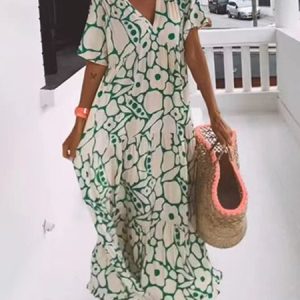 Women Ethnic V Neck Short Sleeve Comfy Casual Maxi Dress, Dresses, color:Green|size:3XL, catalog Noracora shop