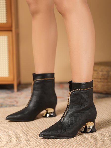 Black Embossed Front Zip Spool Heel Dress Boots, Boots, color:Black|size:41, Stylewe