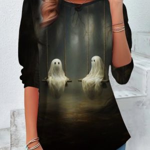 Vintage Halloween Crew Neck Long Sleeve T-shirt, Blouses, color:Black|size:XXL, catalog Noracora shop