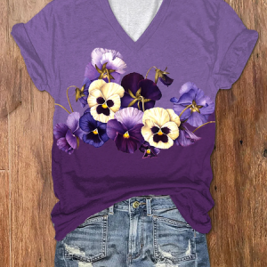 Women's Alzheimer's Purple Floral Print V-Neck T-Shirt, T-shirts, Lilicloth.com