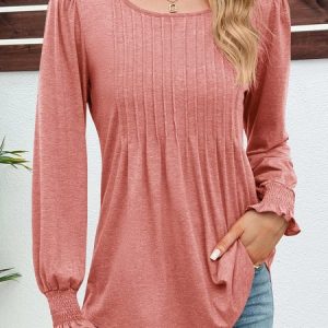 Crew Neck Long Sleeve Plain Regular Regular Fit Shirt For Women, Blouses, color:Pink|size:XXL, catalog Noracora shop