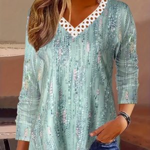 Women's Long Sleeve Tee T-shirt Spring/Fall Floral Lace Jersey V Neck Daily Going Out Casual Top, JustFashionNow T-Shirts, color:Green|size:5XL,