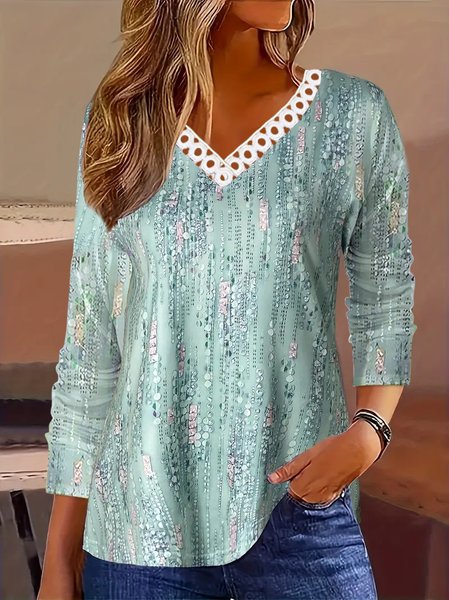 Women's Long Sleeve Tee T-shirt Spring/Fall Floral Lace Jersey V Neck Daily Going Out Casual Top, JustFashionNow T-Shirts, color:Green|size:5XL,